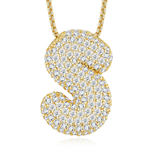 12.82g S925 Gold Plated Bubble Letter Initial Necklace For Women  D Color VVS1 Moissanite Pendant With GRA Certificate, Heavy Solid Jewelry Gift Box Set A-Z