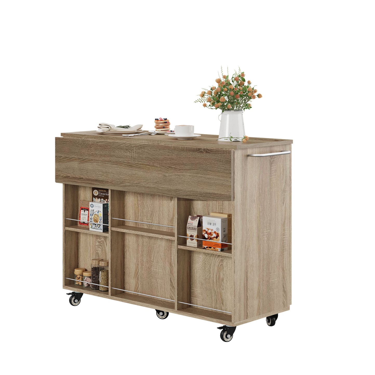 Kitchen Island, Kitchen Trolley With Folding Worktop, 120cm Mobile Kitchen Island On Wheels, Rollable Serving Trolley With Drawer & Cabinet, Sonoma Oak, 92.9x120x43.5cm