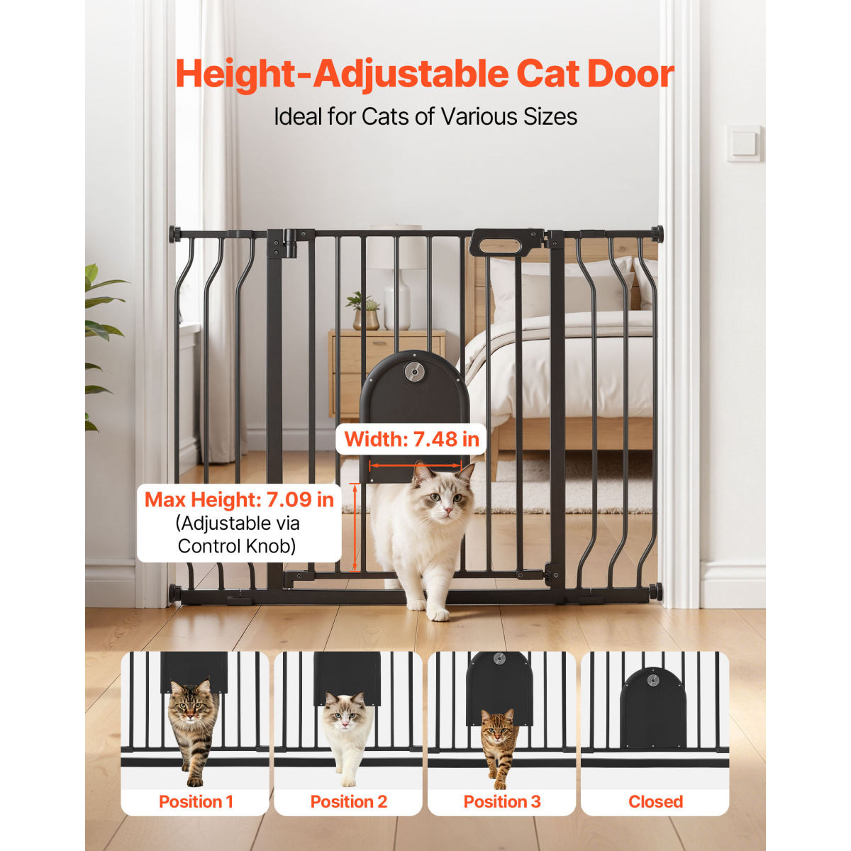 Baby Gate For Stairs, 29.5-43 In Adjustable Width, Baby Gate With Adjustable Cat Door, With Pressure Mount Kit And Wall Mount Kit, Secure Metal Pet Door For Stairs, Doorways, And House, Black