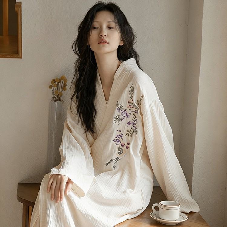 Long Sleeve Sleepwear Loose Cotton Robe Sweet Home Wear Outdoor Use