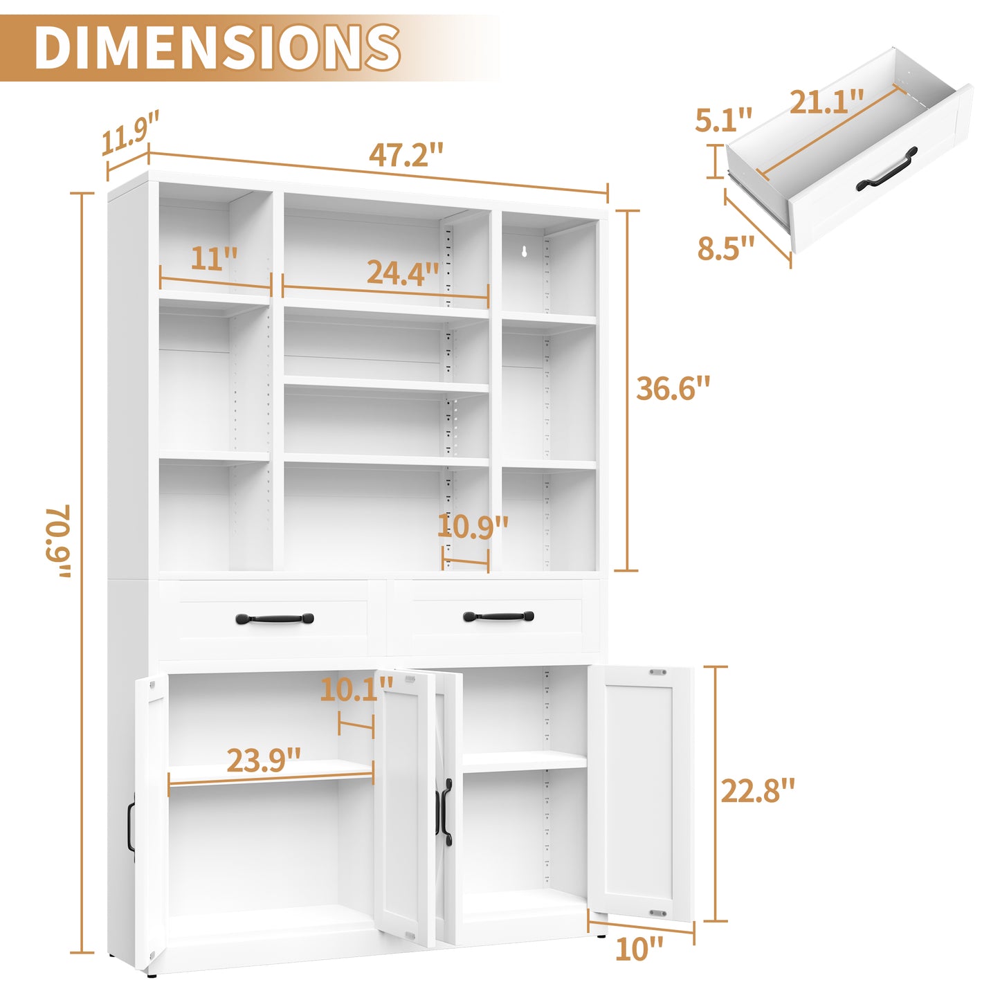 71  Tall Bookcase With Doors, Drawers & Adjustable Open Shelves, Metal Storage Cabinet For Home Office, Living Room, Industrial Bookshelf, White