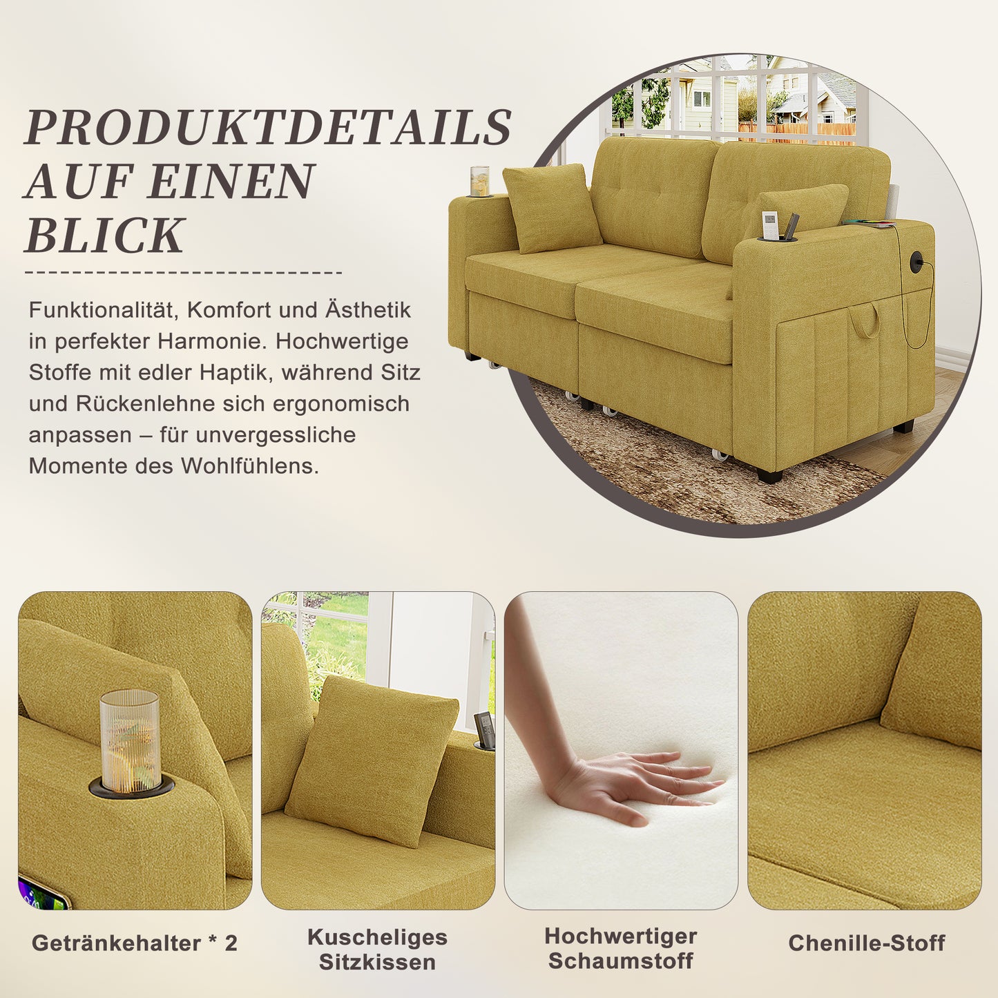 Two-seater Sofa With Two Storage Drawers And USB Charging Ports, With Cup Holders And Side Pockets, Equipped With Hidden Storage Compartments. Suitable For Living Rooms, Apartments And Reading Corners