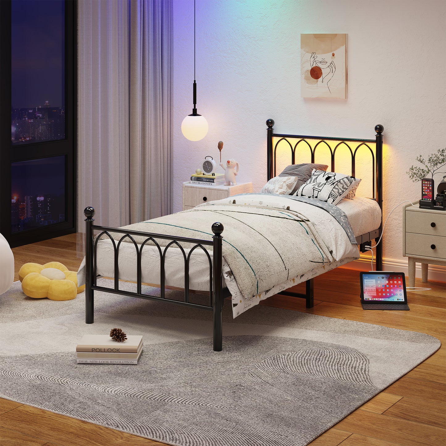 90x200cm Metal Bed Frame With Vintage Head And Footplate, USB Charging Station, LED Bed Frame, Heavy Duty Steel Slat Support, Range Underbed Storage, No Box Spring Required, Black