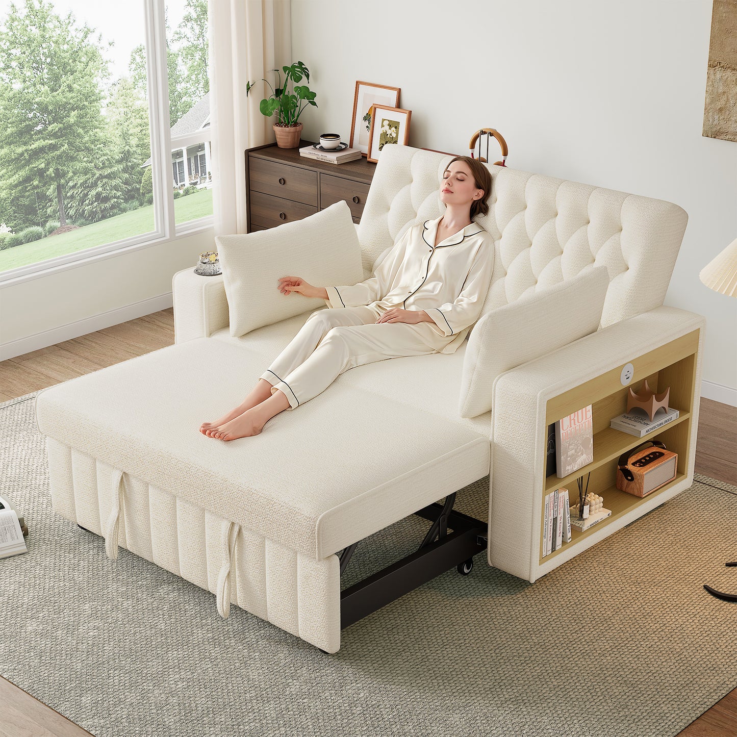 Multifunctional Sofa Bed, Modern Folding Sofa With Storage And Sleeping Function, Cup Holder, USB Charging Port And Pillows, Space-Saving Couch For Living Room, Bedroom And Guest Room, Beige