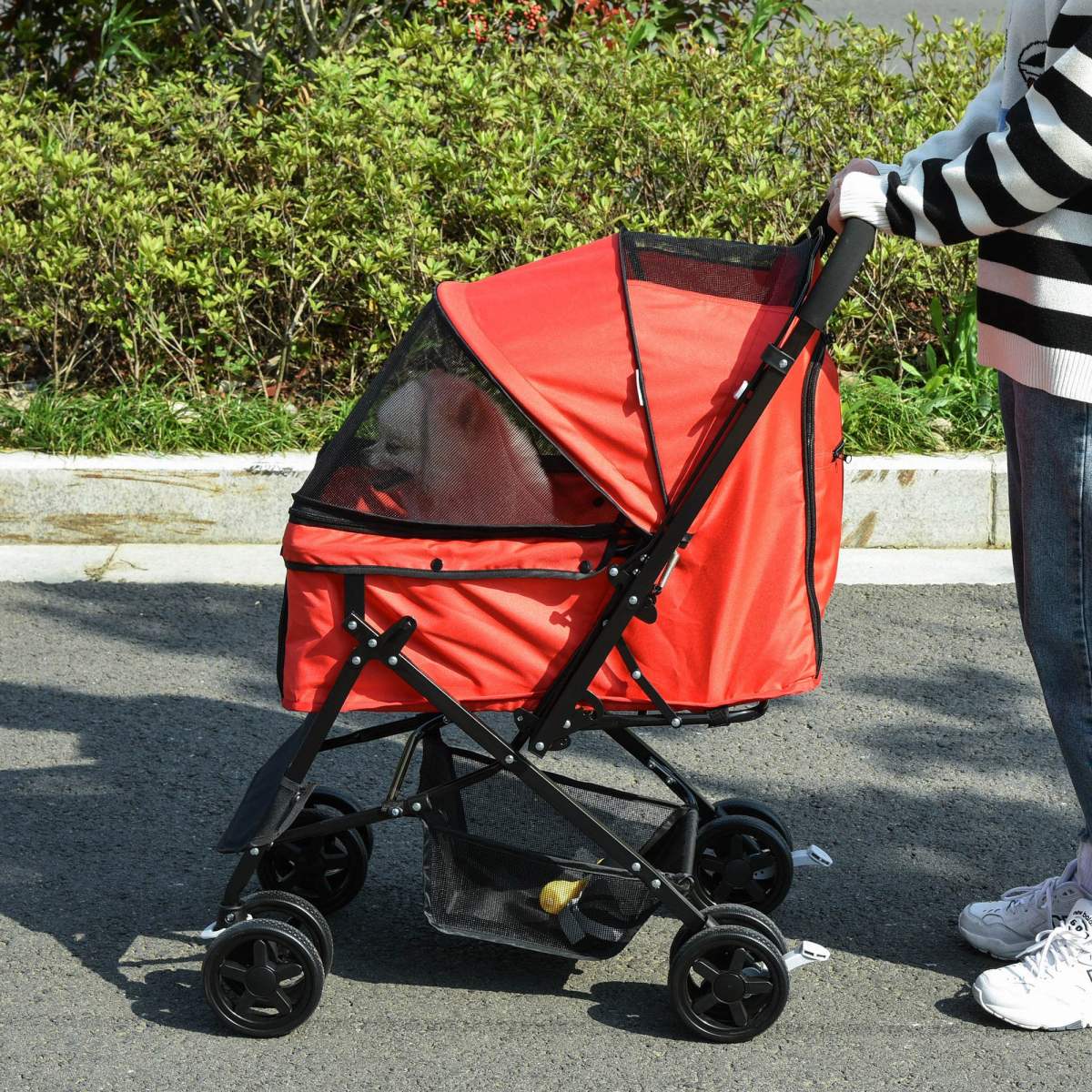 PawHut Pet Stroller Pushchair Foldable Travel Dog Cat Carriage W/ Reversible Handle Brake Basket