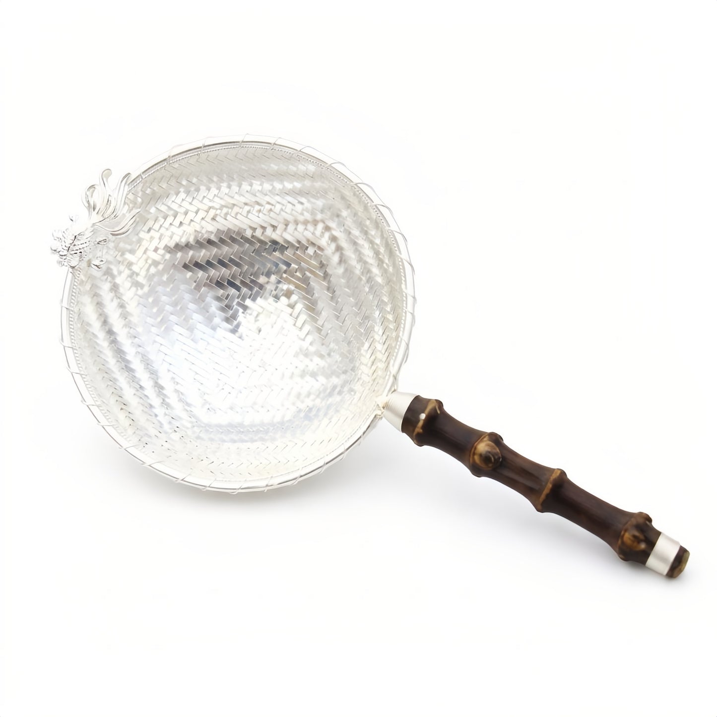 Pure 999 Fine Silver Elegant Silver Tea Strainer with Woven Mesh Basket and Bamboo-Style Wooden Handle - Handicraft