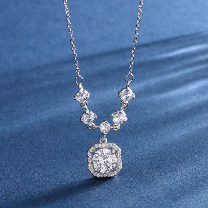 S999 Sterling Silver Sugar Cube Necklace For Women, Korean Style Zircon Clavicle Chain, Luxury Fashion Jewelry