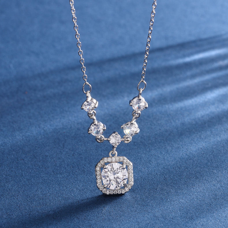 S999 Sterling Silver Sugar Cube Necklace For Women, Korean Style Zircon Clavicle Chain, Luxury Fashion Jewelry