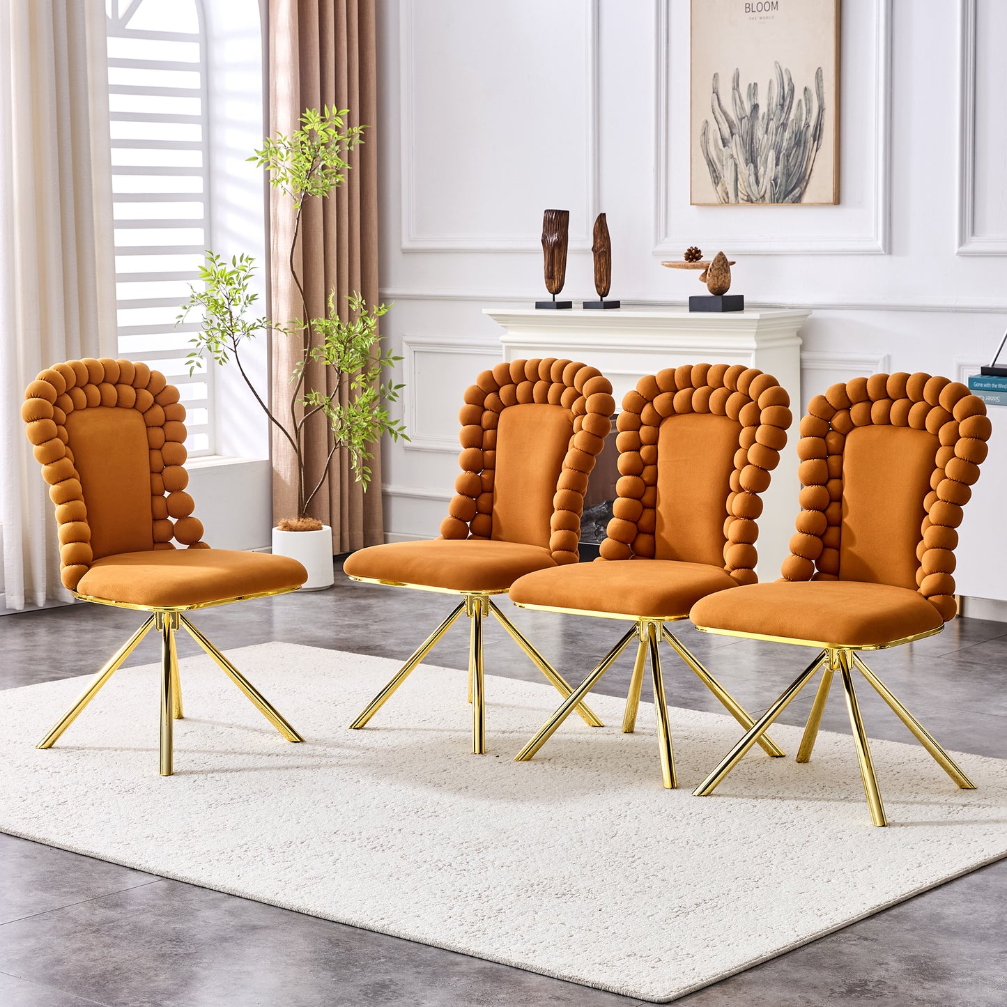 Set Of 2 Orange Puffy Bubble Chair Ball Chain Chair Velvet Dining Chairs With Gold Legs, Modern Upholstered Accent Chairs For Dining Room & Kitchen