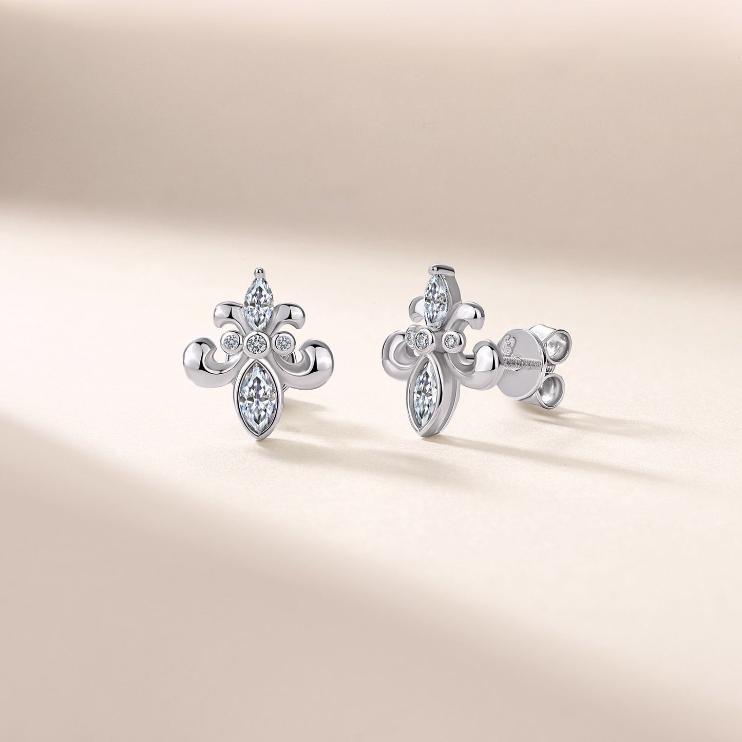 S925 Sterling Silver Fleur-de-lis Stud Earrings, D-VVS1 Moissanite Marquise Cut, Platinum Plated 1.8g, Elegant Women's Jewelry Gift Box