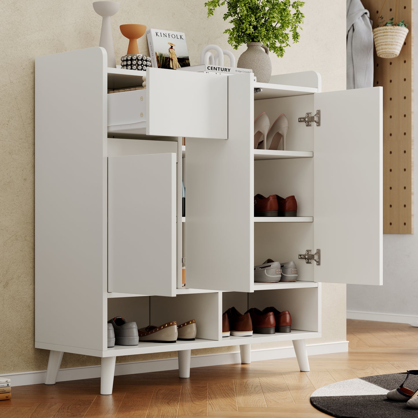 Chest Of Drawers  Sideboard  Shoe Cabinet With Adjustable Shelves - Minimalist Home Organizer With Solid Wood Legs - Dimensions H99 Cm X W90 Cm X D35 Cm