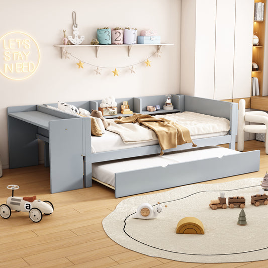 90x200cm, Flat Bed, With Pull-out Bed, With Desk, Three Shelves On The Side Of The Bed, Grey