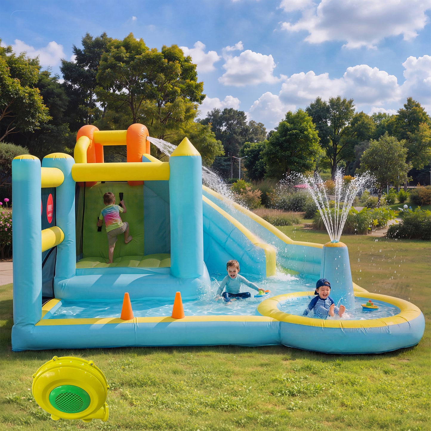 Kids Bouncy Castle Water Park Water Slide Pool Inflatable Water Play Castle Kids Outdoor Garden Water Playground, With Blower, Inflatable Size 430X390X210cm