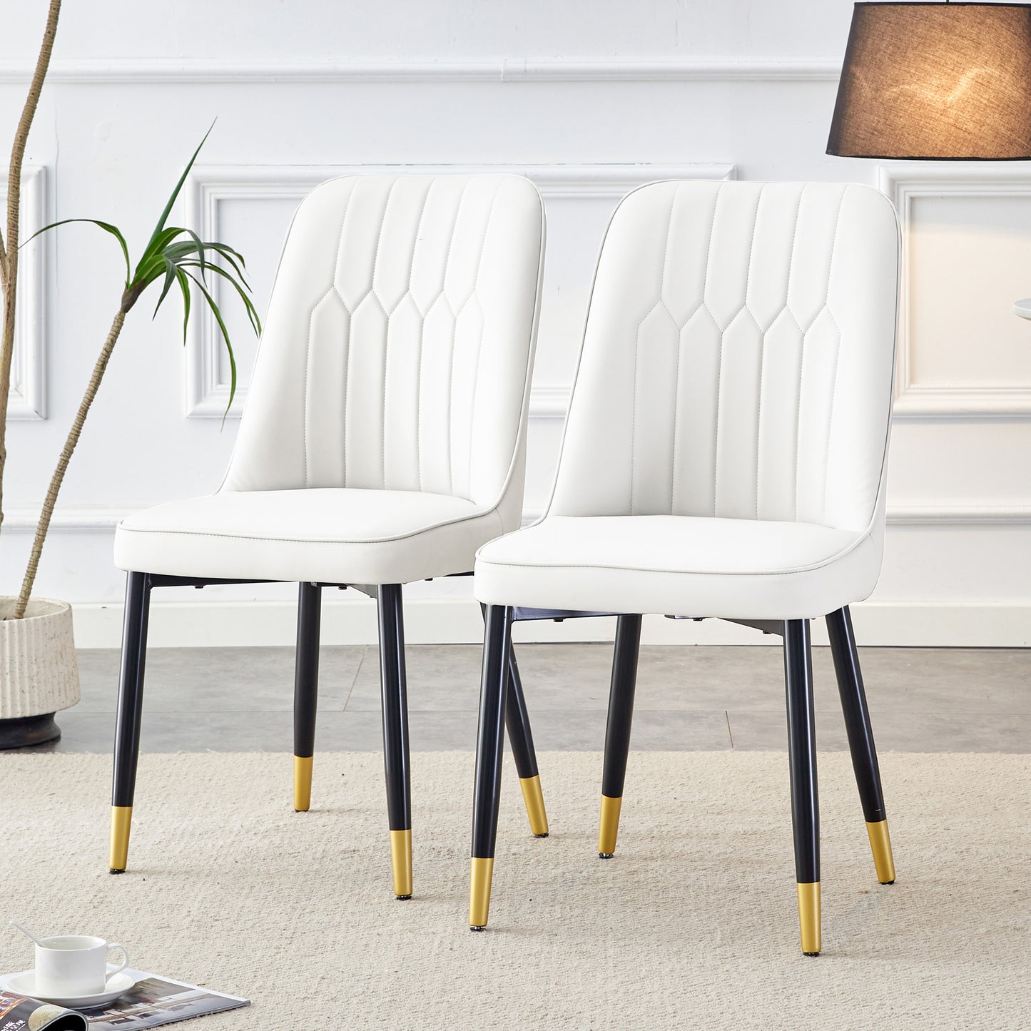 Set Of 2 Modern White Dining Chairs With White PU Leather Back Upholstery And Black Metal Legs, Suitable For A Wide Range Of Uses, Such As Dining Room, Kitchen And Bedroom.
