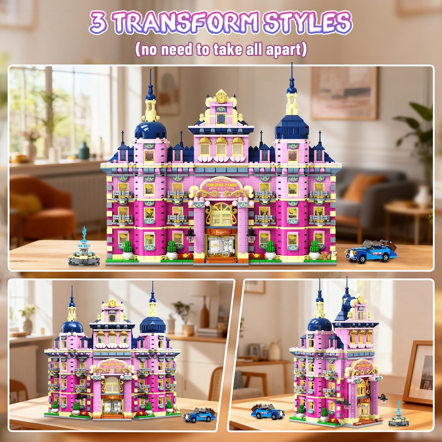 Estate House Building Set With Lights, 3 Style Pinkspire Construction Model With Car Fountain, 1815 PCS Villa Castle Building Block Kit Home Decor, Gift For Adults Boys Girls