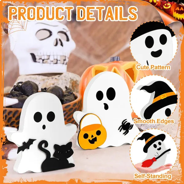 Ute Ghost Halloween Decorations Indoor, Wooden Tiered Tray Decor Table Sign Set Of 3, Black Cat Bat Witch Broom Signs Pumpkin Blocks For Party Home Shelf Display