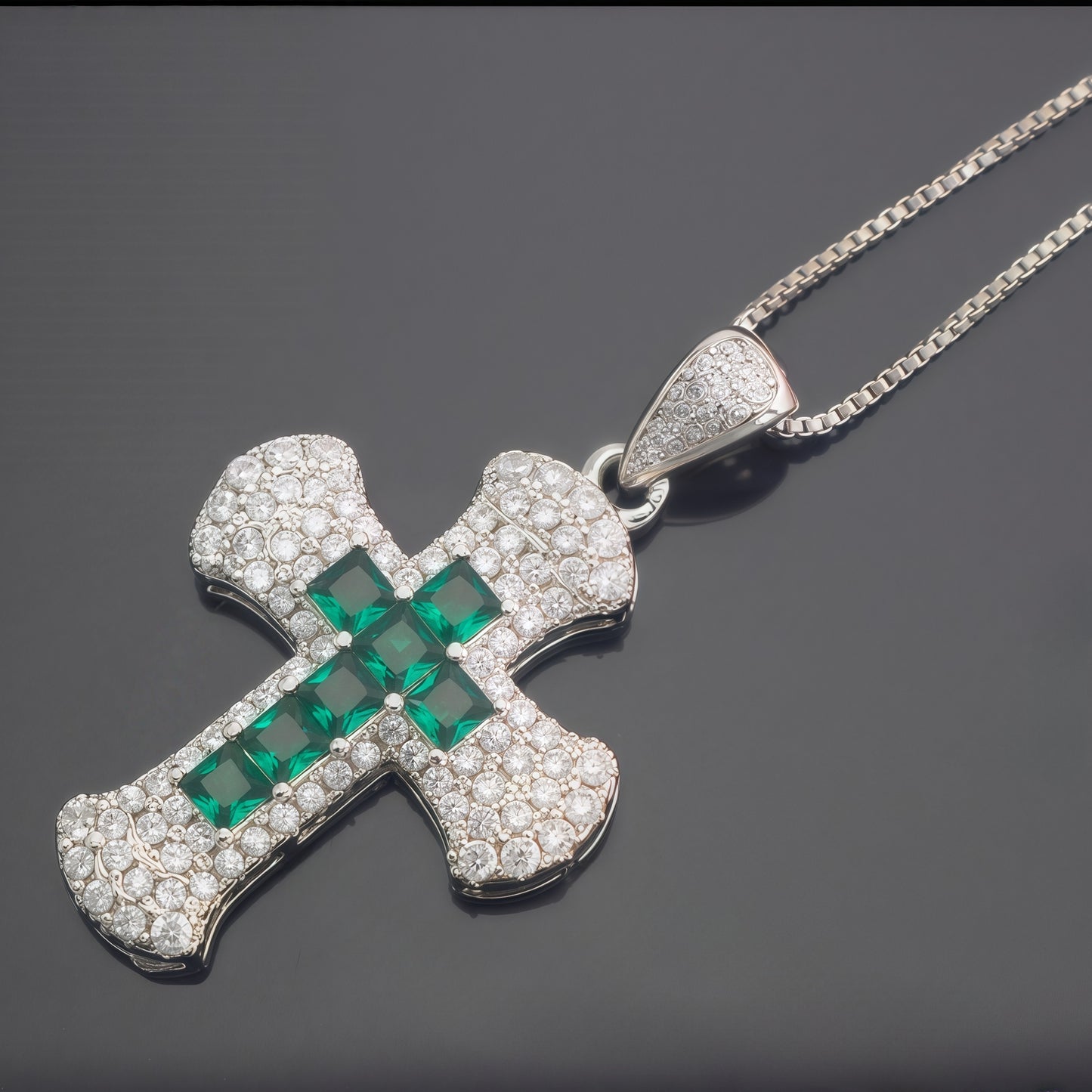 Princess Cut Emerald Green CZ Center Cross Pendant Necklace For Women, Copper Plated Silver Full Pave White Cubic Zirconia Religious Faith Christian Jewelry Gift