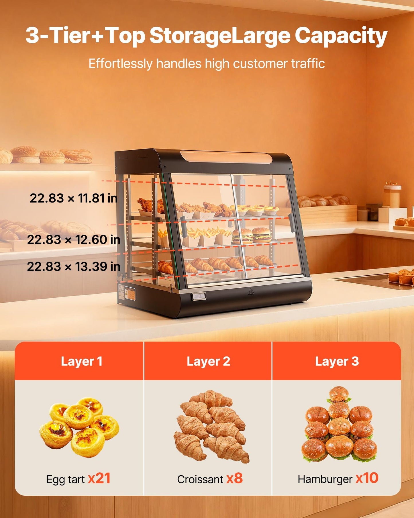 3-Tier Commercial Food Warmer Display, 1200W Food Display Warmer With LED Light, Top Storage And Adjustable Shelves, 86℉~185℉ Steam Heating, 106Qt/100L For Hamburger, Pizza, Bread, Fried Chicken