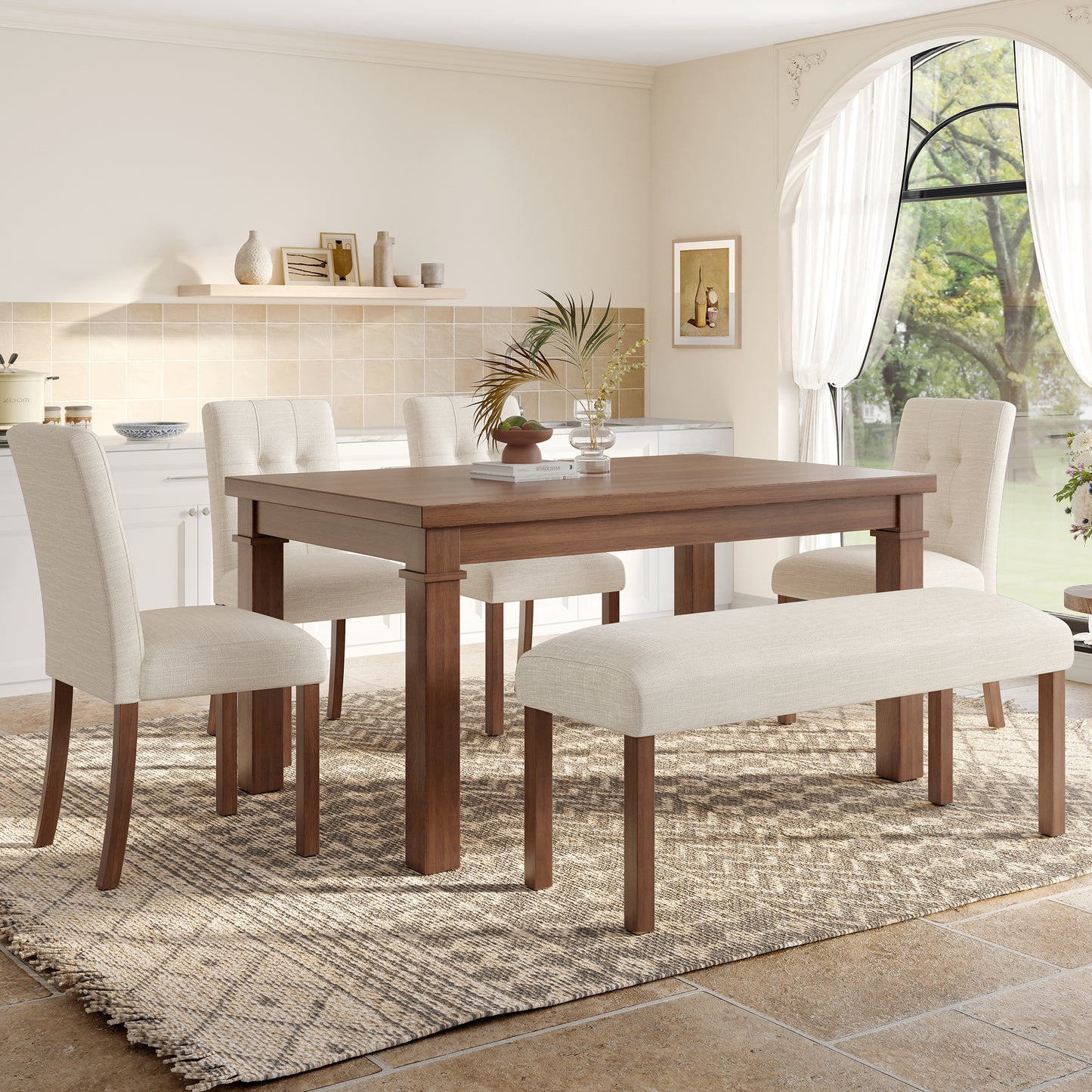 6-Piece Modern Dining Set, Rectangle Kitchen Table With 4 Upholstered Chairs & Bench, Ideal For Dining Room And Living Room,  Easy Assembly, Space Saving