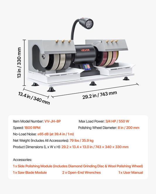 Cabbing Machine, 8" 3/4 HP 1800 RPM Efficient, Lapidary Rock Grinder Polisher With Diamond And Resin Wheels, LED Lamp, Water System, Lapidary Equipment For Gemstone Grinding, Stone Polishing