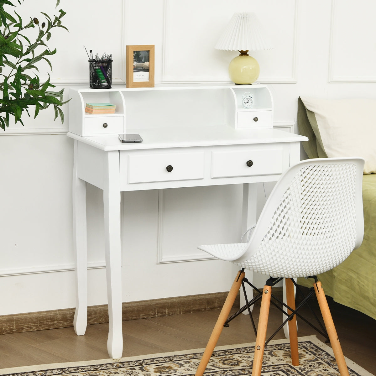 Writing Desk 2-Tier Vanity Desk Computer Desk With 4 Drawers-White