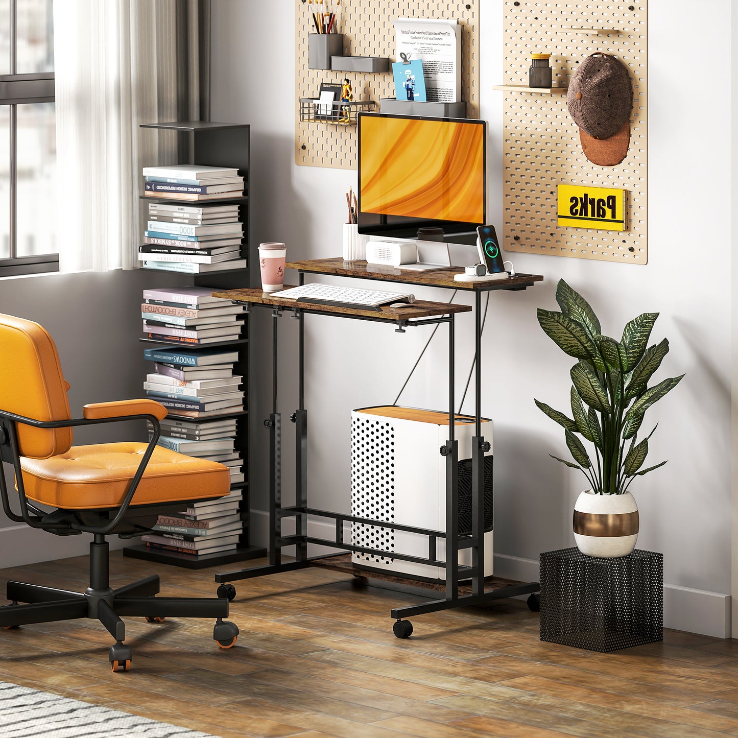 Adjustable Standing Desk with Power Outlets, Stand Up Desk with Tiltable Tabletop, Wheels, Shelf, for Home Office, Brown