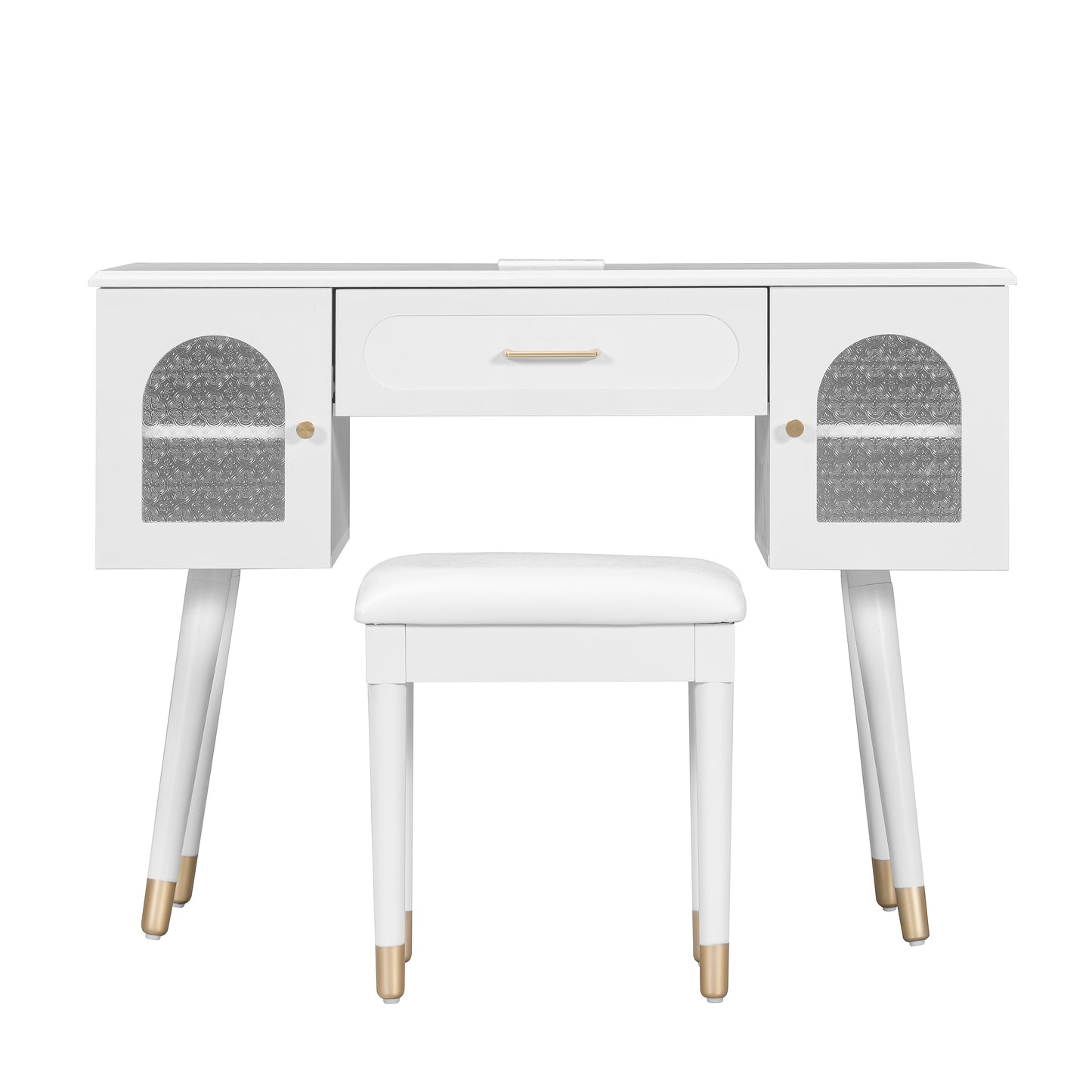 Elegant Vanity Makeup Table & Chair Set, Modern Dressing Table With Organizer, Writing Desk, Charging Port, White