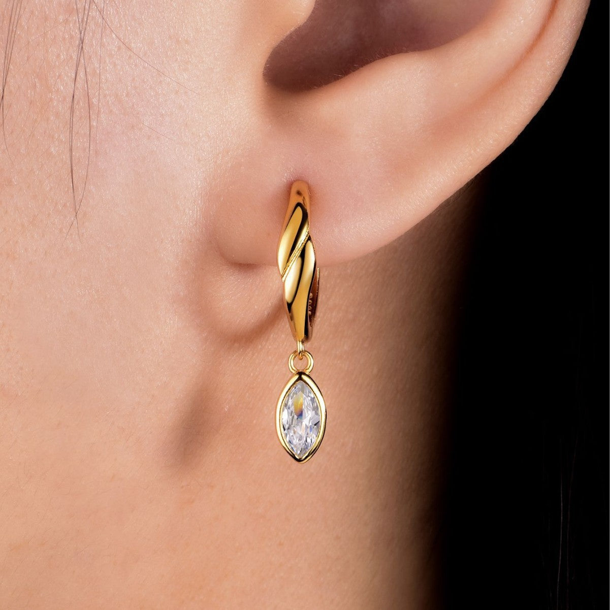 S925 Sterling Silver Twist Huggie Drop Earrings, 3.5x7mm Marquise D-VVS1 Moissanite, Platinum Plated 2.5g Women's Jewelry Gift Box