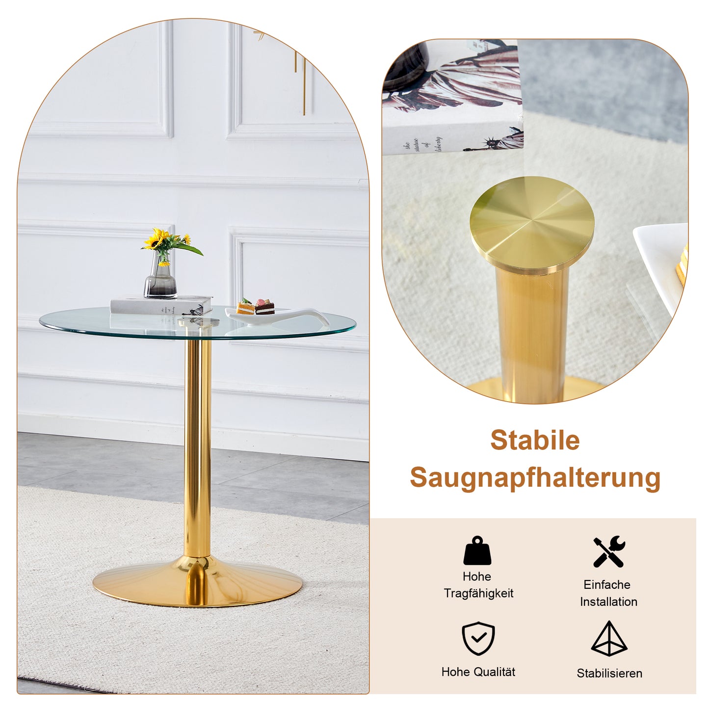 Table & Chair Collection Round, Slightly Luxurious Glass Table With 85 Cm Diameter And Metallic Support Structure, Combined With 4 Light Grey 360 Swivel PU Dining Chairs.