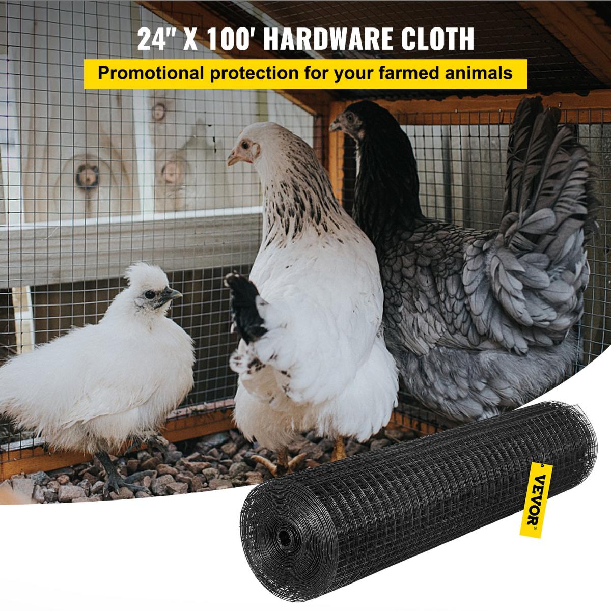 Hardware Cloth, 24' X 100' & 1'x1' Mesh Size, Galvanized Steel Vinyl Coated 16 Gauge Chicken Wire Fencing W'A Cutting Plier & A Pair Of Fabric Gloves, For Garden Fencing & Pet Enclosures, Black