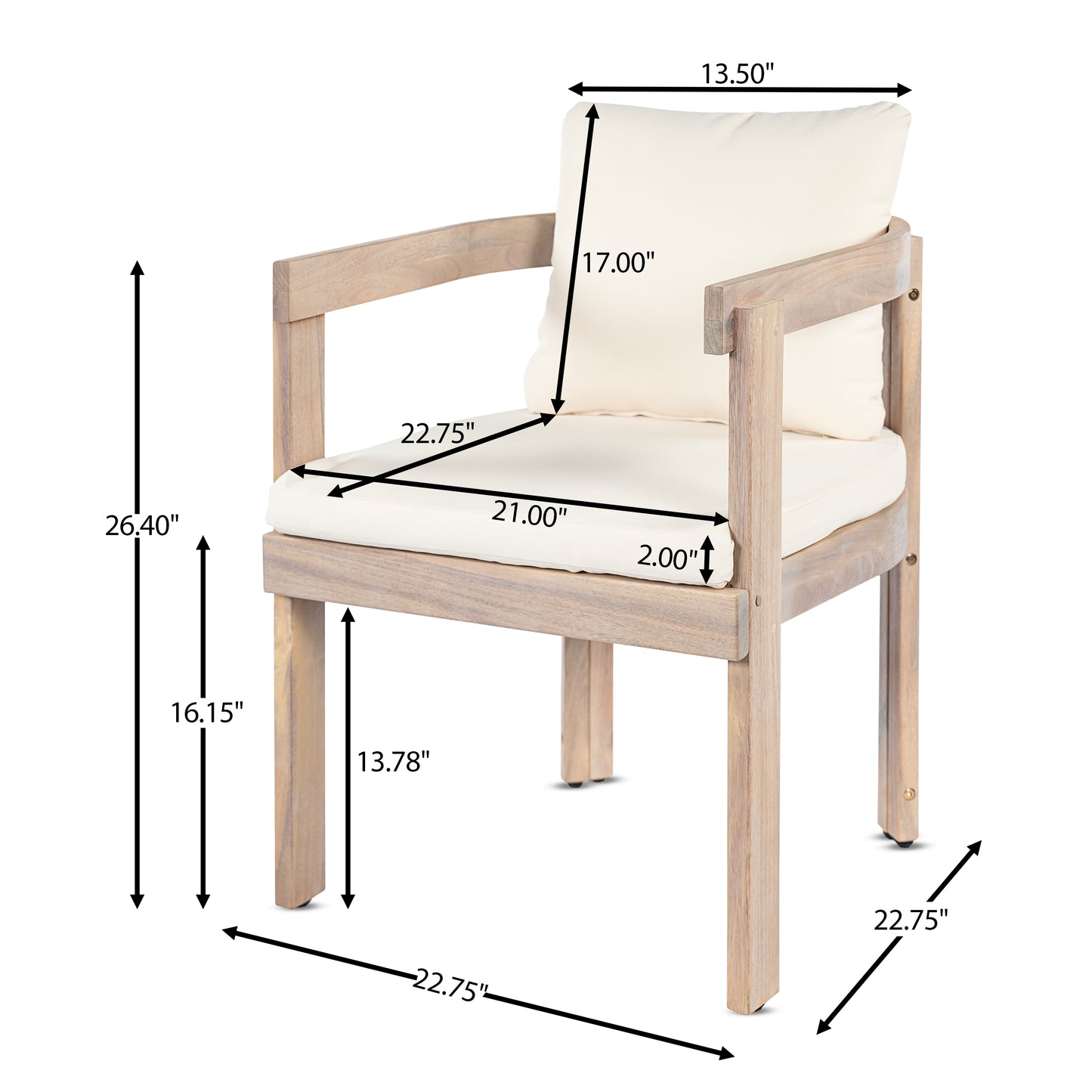 Acacia Wood Dining Chairs Set Of 2, Armchairs With Cream Cushions, Barrel Accent Chair, Comfy Seating Kitchen Side Chair Set For Balcony, Backyard, Garden,Light White