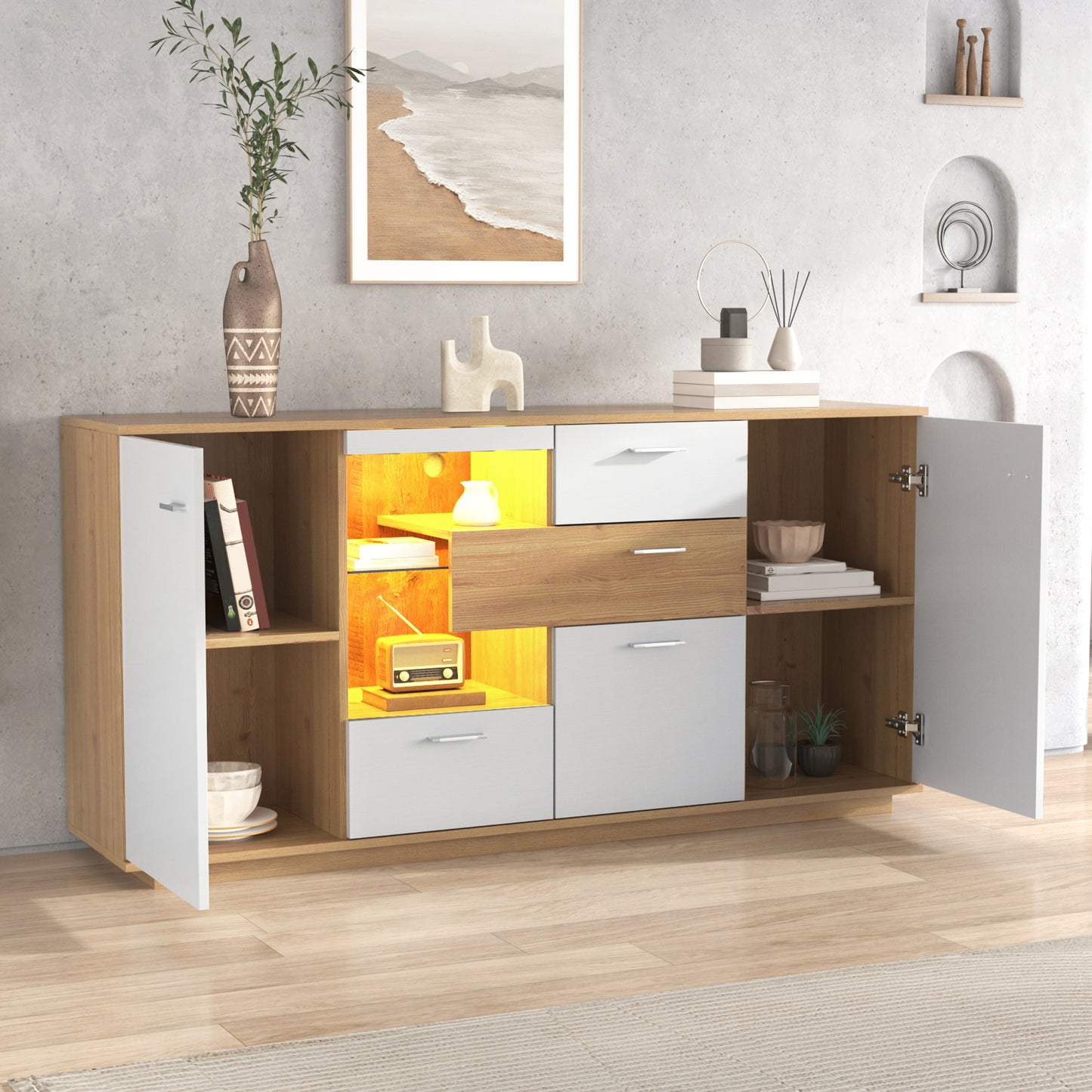 Modern Sideboard Cabinet With Plenty Of Storage Space, With LED Lighting, 160x40x77cm, 2 Doors, 4 Drawers, Glass Shelf, Wood Look, White, Living Room Furniture, Organizer, Chest Of Drawers, Multi-purp