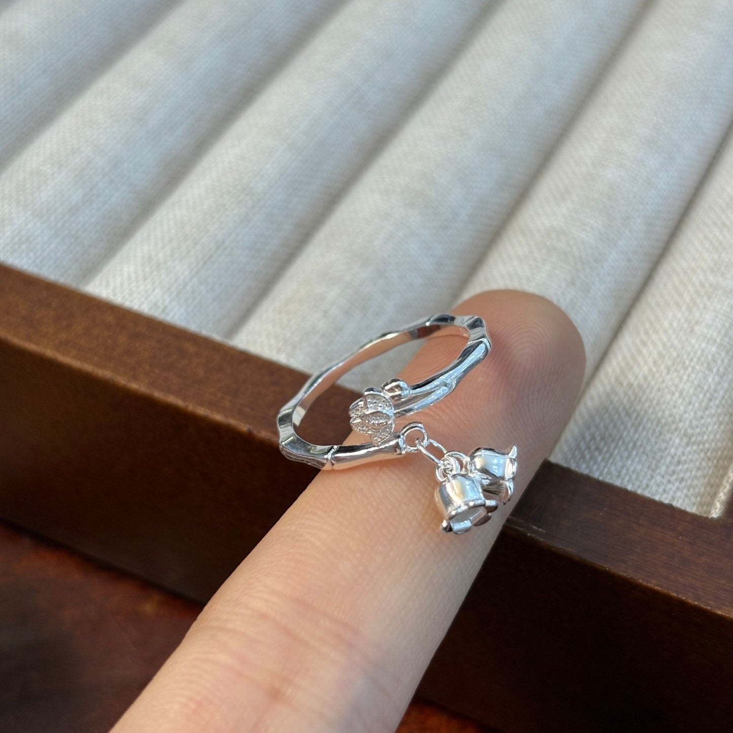 1pc 999 Sterling Silver Bamboo & Lily Of The Valley Charm Open Ring, Fresh Chinese Style, Perfect For Daily & Valentine's Gift
