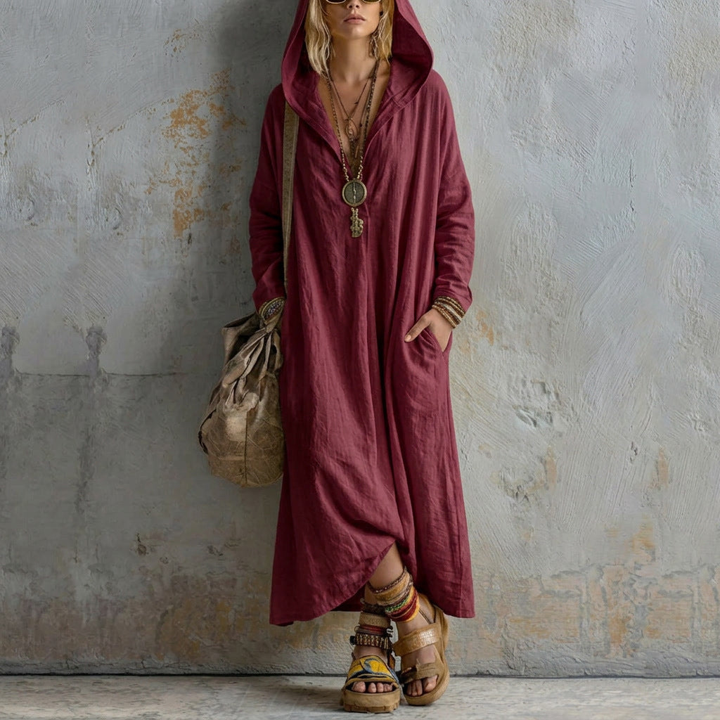 Autumn New Hooded Linen Long Dress With Long Sleeves