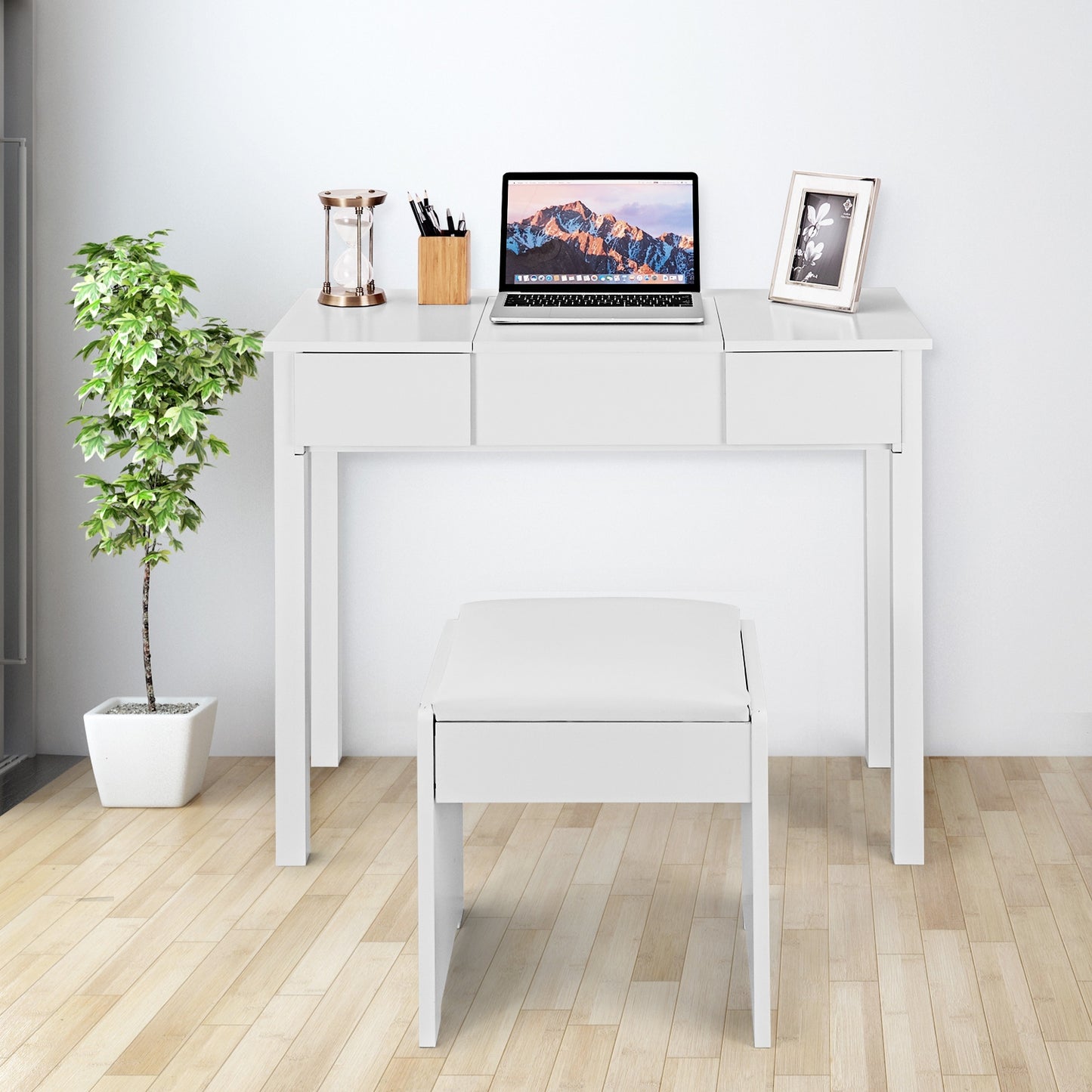 Vanity Makeup Dressing Table Set With Flip Top Mirror And Cushioned Stool-White