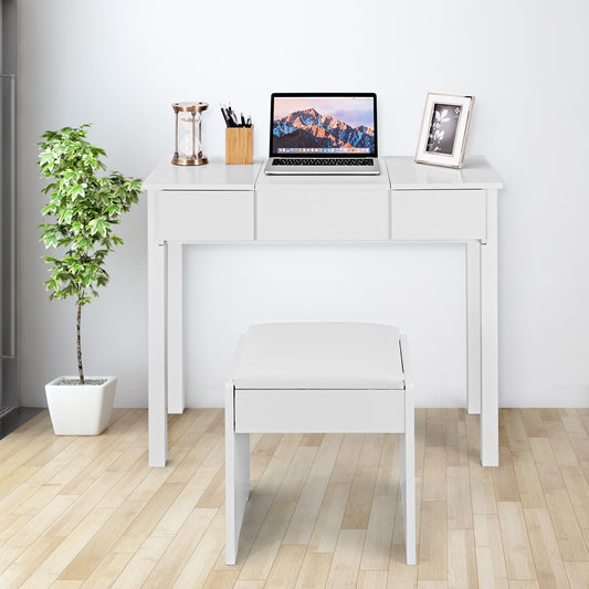 Vanity Makeup Dressing Table Set With Flip Top Mirror And Cushioned Stool-White