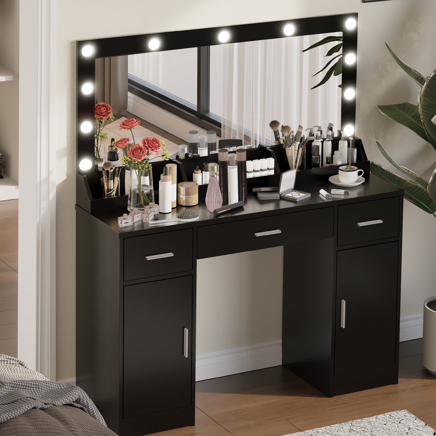 47.2 Vanity Desk With Large Mirror, 3 Colour Lighting Modes, Adjustable Brightness, Dresser With 3 Drawers & 2 Vertical Cabinets, Makeup Vanity Table For Women &  Girls  Black