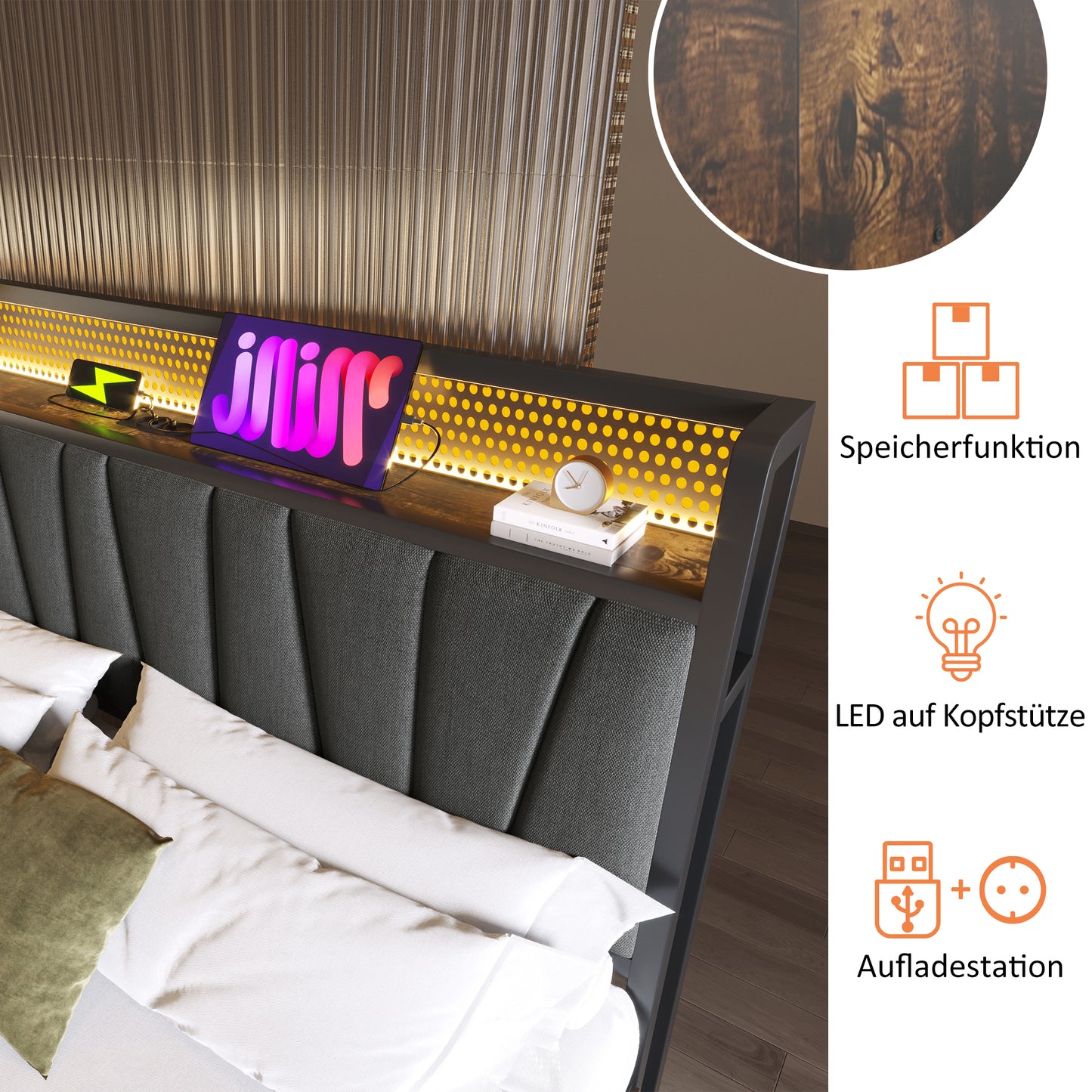 Upholstered Bed Metal Bed LED App-Control Double Bed With Charging USB Charging Headboard And LED Lighting, Metal Bed 180x200cm Wooden Slatted Frame, Grey  Without Mattress