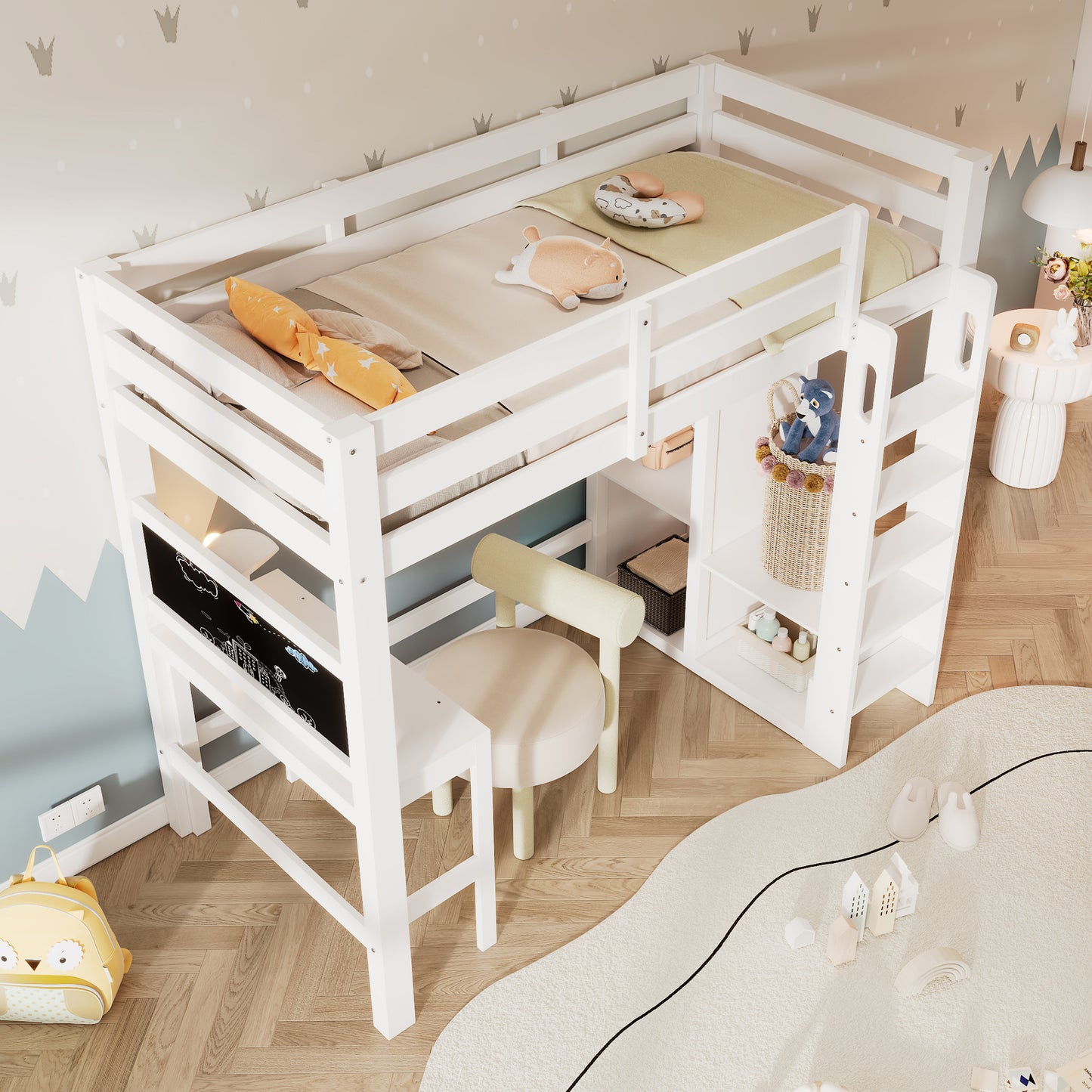 AB30624901W Children's Bed Loft Bed With Desk Open Wardrobe And Shelves Children's Bed With Slatted Frame And Fall Protection Single Bed Lying Surface 90x200cm, White Without Mattress