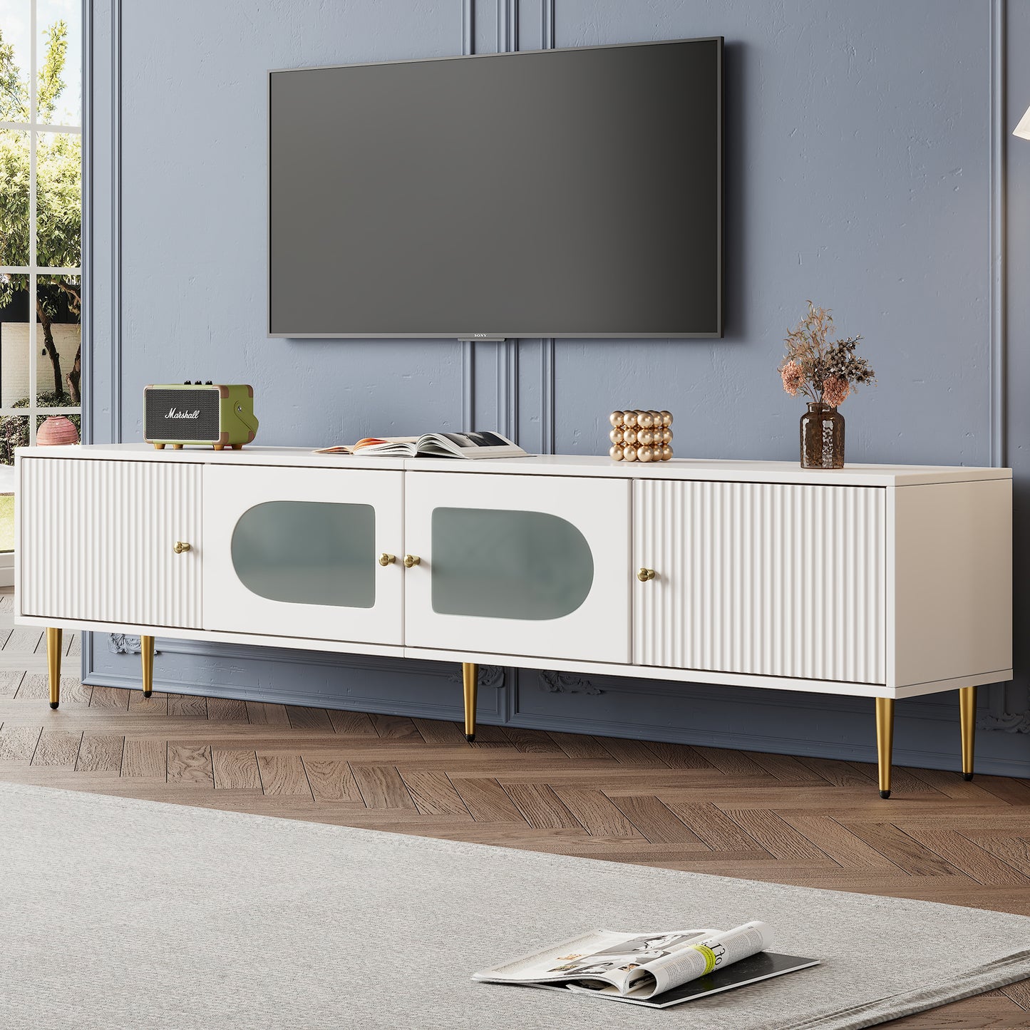 Elegant 170x35x50cm TV Cabinet -White Body With Golden Legs And Handles, 2 Doors With Vertical Grooves, 2 Doors With Arc Glass, 35KG Load Capacity,TV Cabinet,TV Board,TV Base Cabinet