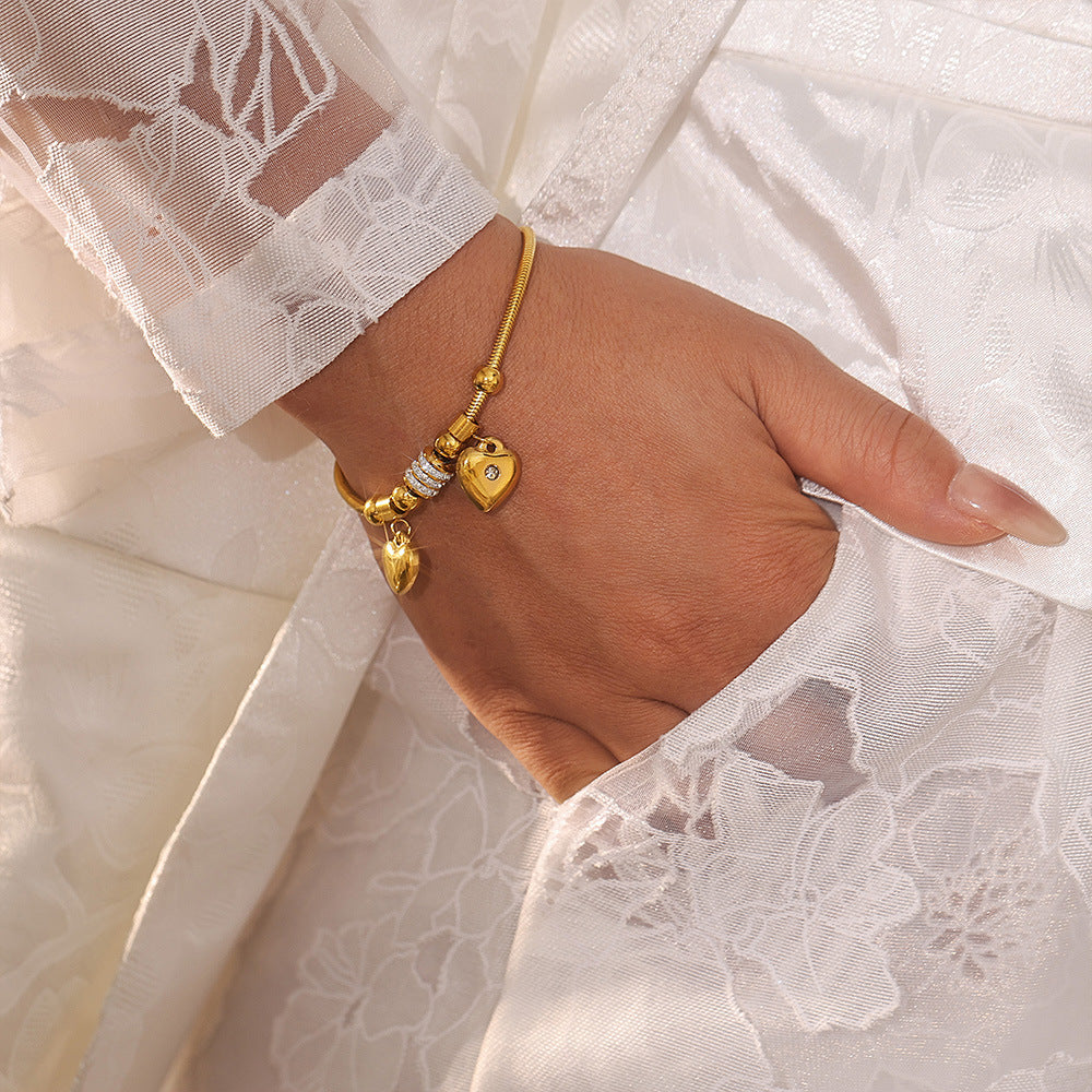 Double Heart Charm Soft Snake Chain Bracelet With Czech Rhinestones And Multiple Accessories