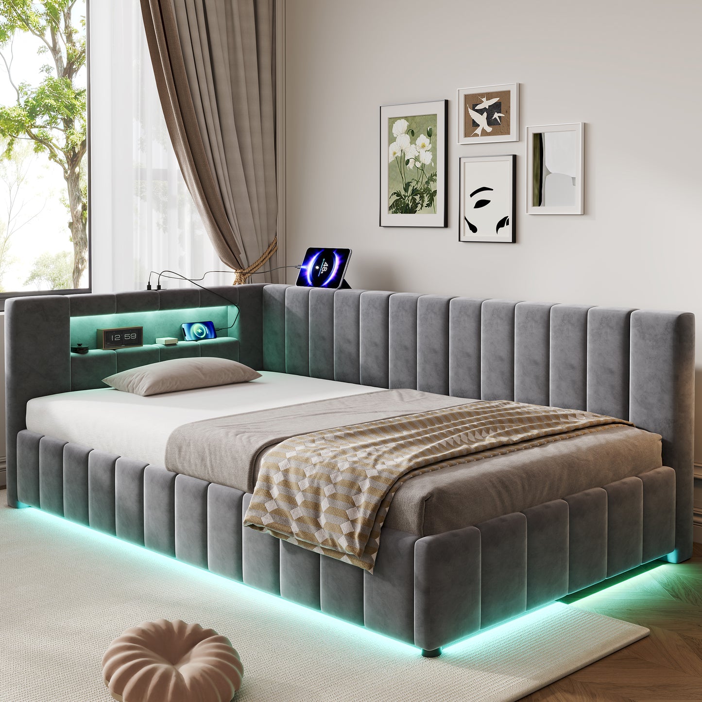 3ft Single Velvet Side Hydraulic Storage Bed With Smart RGB LED Lights & Charging Station, Side Opening Ottoman Bed Frame With Type-C & USB Ports, Channel Tufted, Grey  No Mattress