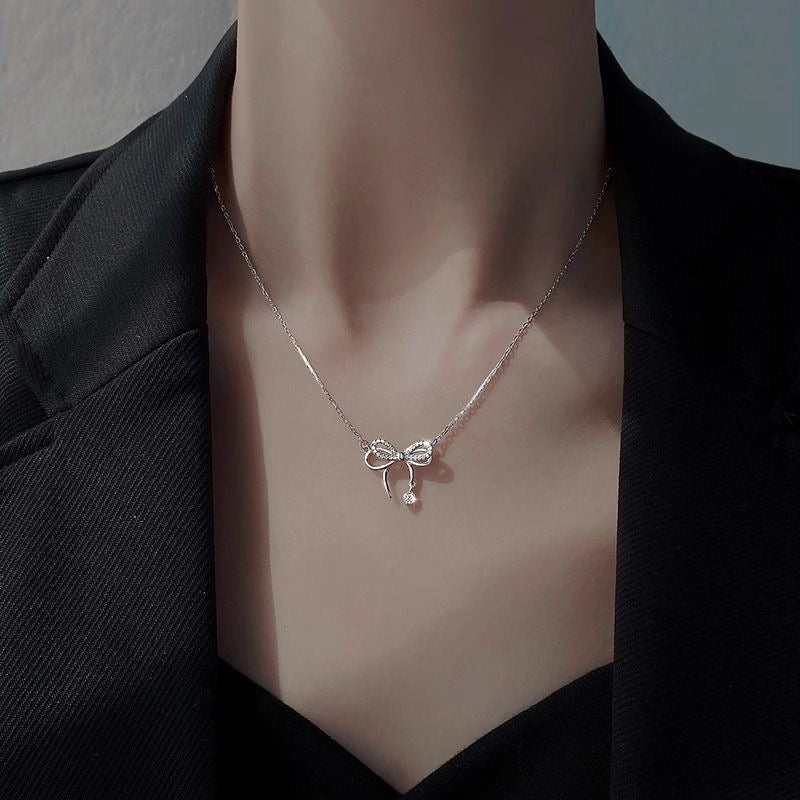 1pcs 999 Sterling Silver Bowknot & CZ Drop Necklace, Elegant Trendy Style, Ideal For Birthday & Valentine's Gifts