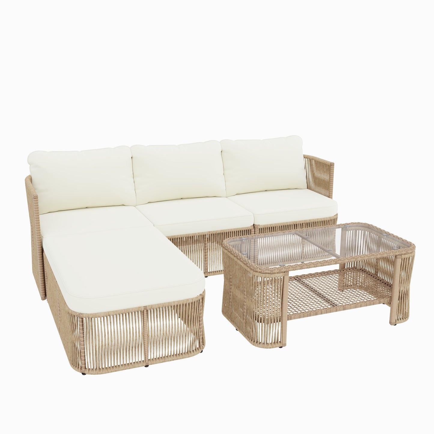Outdoor PE Rattan Patio Furniture Set With Iron Frame, Dark Beige Wicker Conversation Sofa