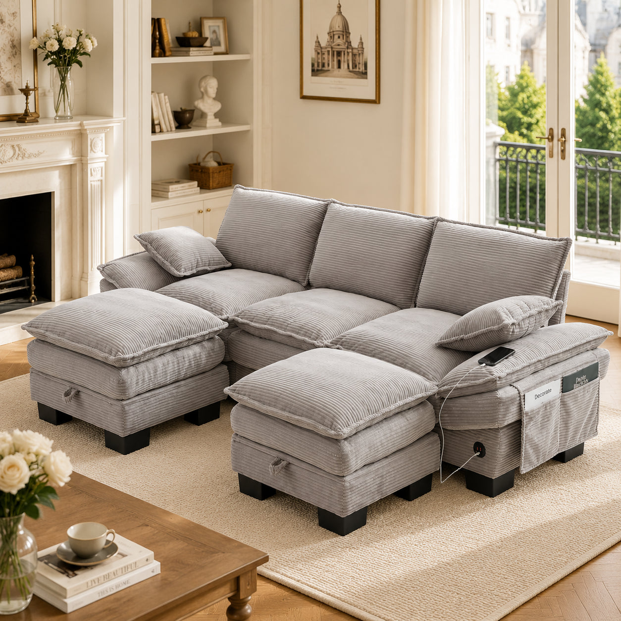 Modular 3-seater Corduroy Sofa  With 2 Stools Wide Seat, Ergonomic Design, High-density Foam Padding, USB-C Port And Side Pockets.Ideal For Living Room, Office Or Lounge.Light Grey