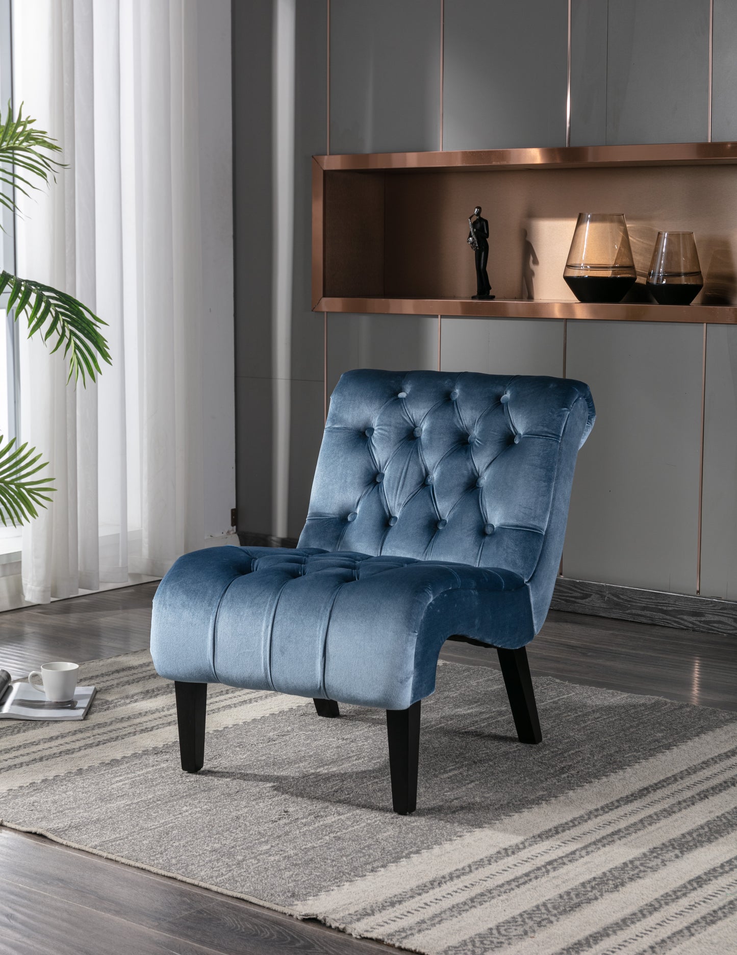 COOLMORE Modern Velvet Armless Accent Living Room Chair   Leisure Chair,Upholstered Fabric Button Comfortable Chair With Wooden Legs For Bedroom, Living Room, Office  Light Blue Velvet