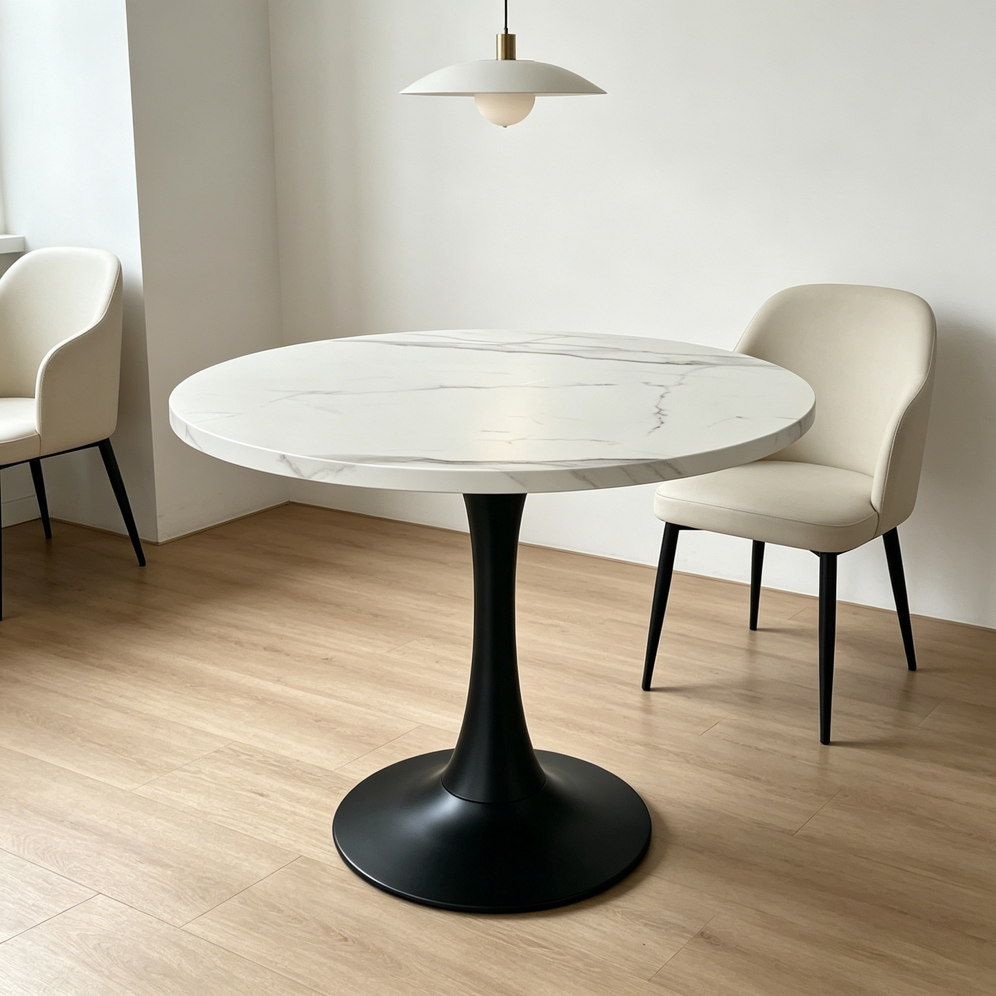 80cm Modern Round Dining Table For 2-4 Small Reception Table With White Marble Pattern Wooden Desk And Black Metal Pedestal Circle Kitchen Table For Home Office Dining Room Apartment