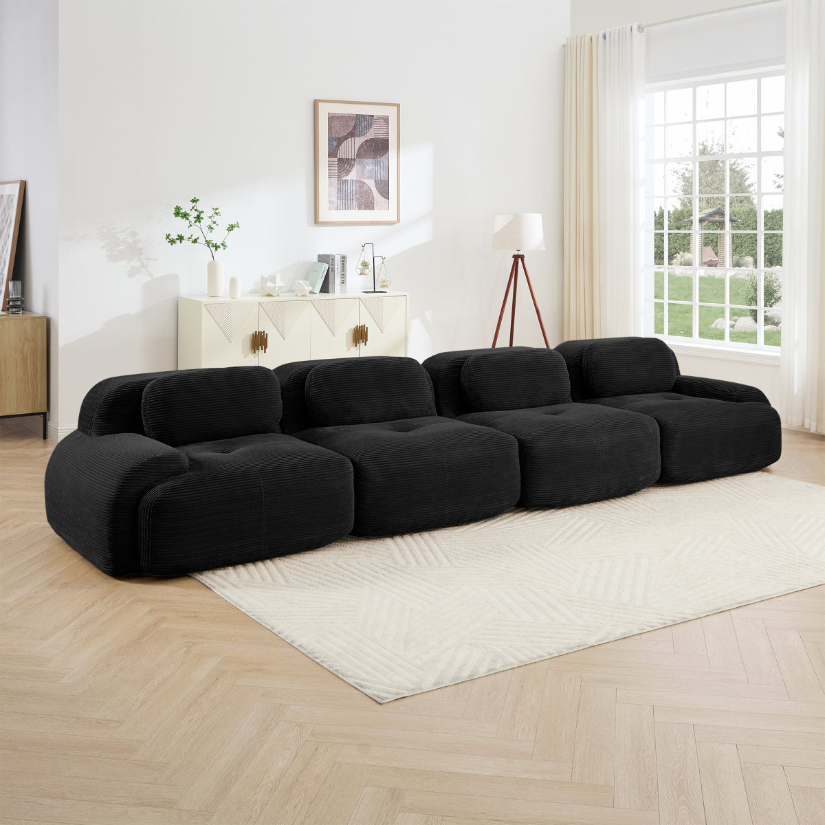 4-seat Sofa Soft Corduroy Fabric 32D High-resilience Sponge Pet-friendly Ergonomic Design Full Compression Vacuum Packaging Free Combination No Assembly For Bedrooms Studies,Black