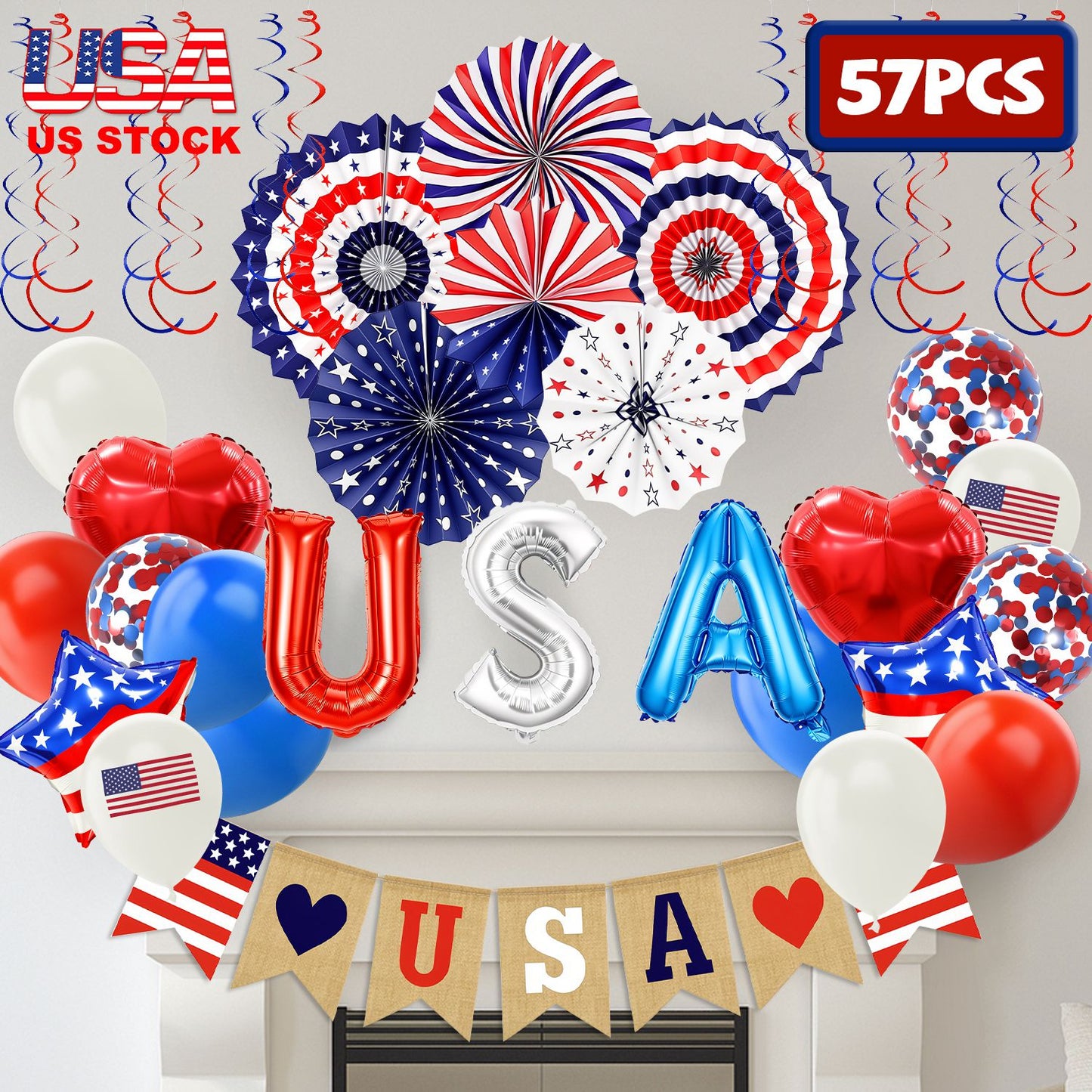 1Set 4th Of July Decorations Set,Patriotic Party Supplies With USA Foil Balloons Paper Fans Confetti Balloons Hanging Streamers Star Confetti Flags For Independence Day Memorial Day Veterans Day