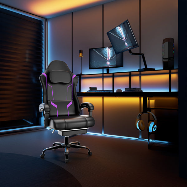 Ergonomic Gaming Chair, Video Game Chair With Pocket Spring Cushion And Footrest, Height Adjustable Computer Chair With Swivel Seat And Headrest  Faux Leather, Purple